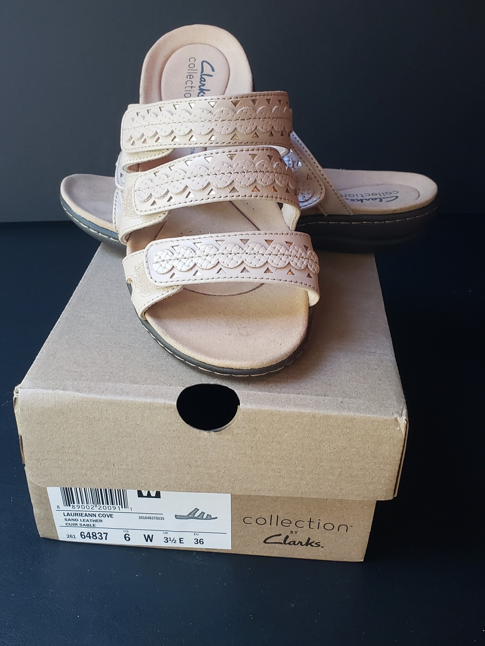 Clarks Women's Tan Triple-Strap Slide Sandals